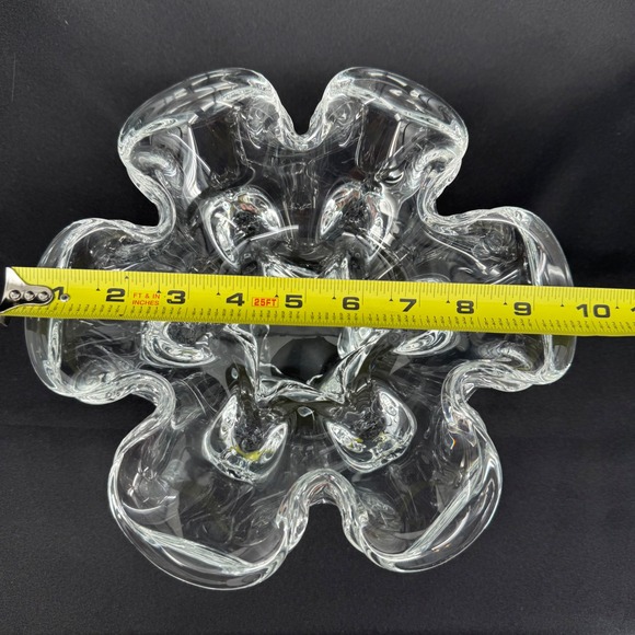 Murano Clear Art Glass Hand Blown Bowl Decorative Candy Dish Ruffled Edge Heavy - Picture 6 of 7
